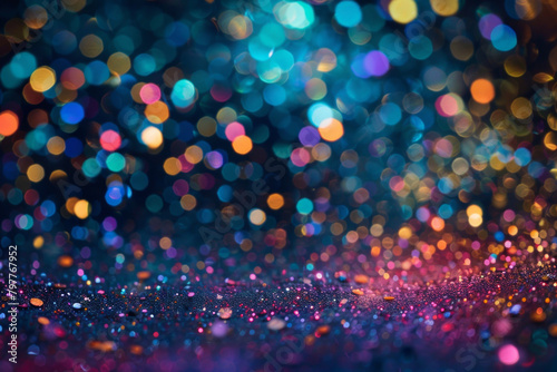 Sparkling glitter confetti in vibrant colors, scattered against a dark background. Glitter confetti textures offer a festive and celebratory backdrop photo