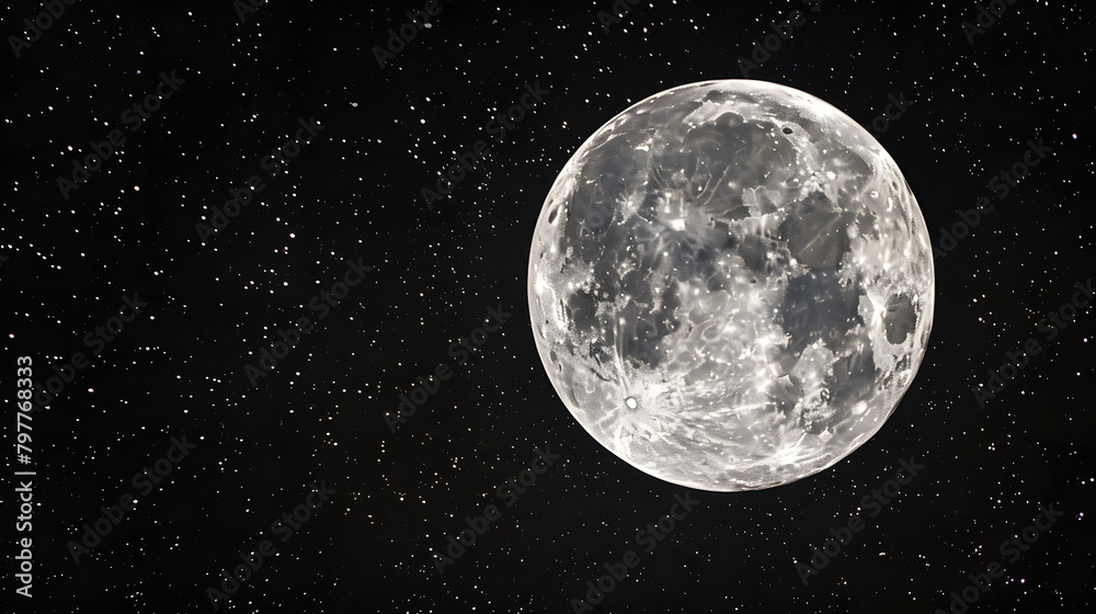 Closeup of full Moon at the clear dark starry night sky. Copy space for text. Time to release concept.