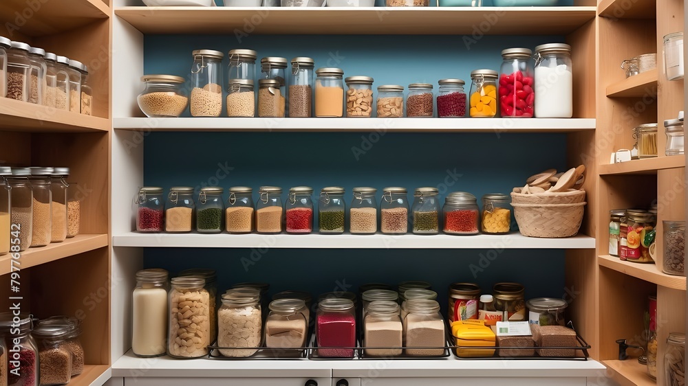 : A well-organized kitchen pantry stocked with colorful ingredients and spices 
