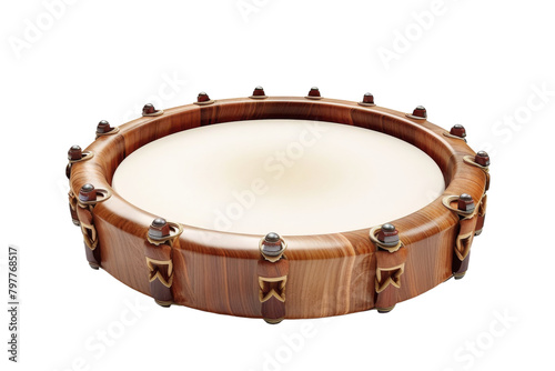 Close up of a wooden drum with intricate carvings and drumsticks resting on its surface photo