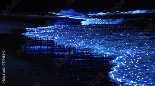 Bioluminescent glowing beach and sea at night. Illumination of plankton at Maldives. Romantic and beautiful landscape. Tropical paradise background. Travel and vacation concept