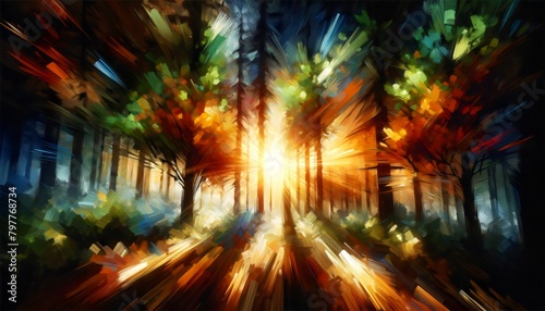 an abstract and vibrant interpretation of a forest with a burst of light  likely representing the sun  streaming through the tall trees