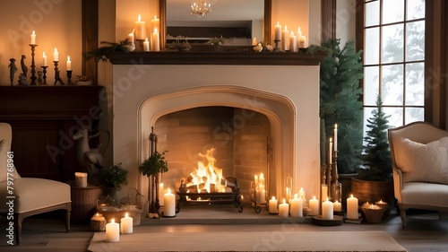 : An inviting fireplace with crackling flames and flickering candles 