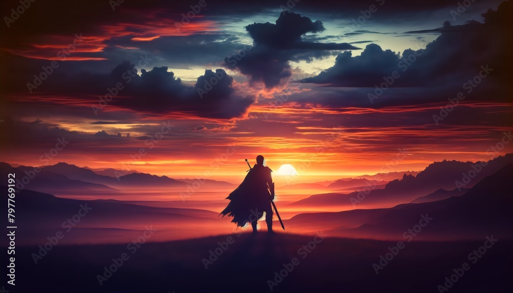 a figure standing on a high vantage point, gazing out over a dramatic landscape. The figure is silhouetted against a richly hued sky