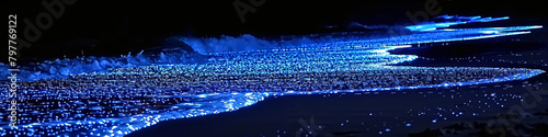 Bioluminescent glowing beach and sea at night. Illumination of plankton at Maldives. Romantic and beautiful landscape. Tropical paradise background. Travel and vacation concept