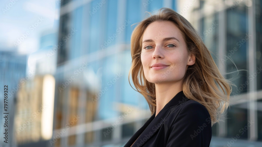 Beautiful business woman smiling while standing in front of the building with blue sky and city background