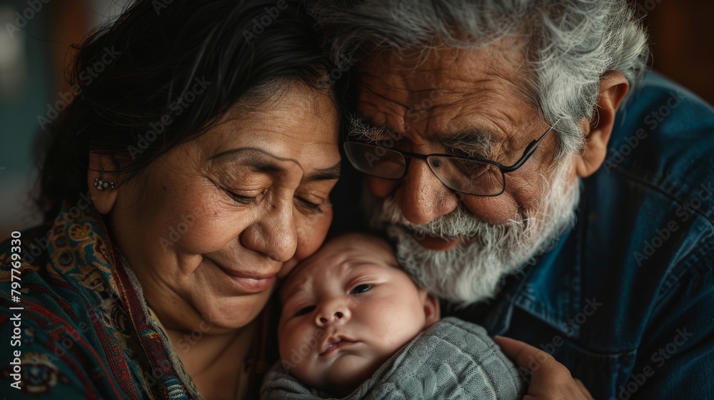 Elderly Couple Lovingly Embracing Their Newborn Grandchild. Generative ai