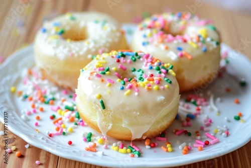 Donuts with icing and colorful sprinkles on a wooden background. Donuts on a Background with Copy Space.  © John Martin