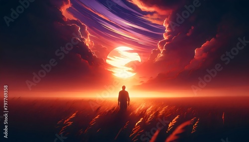 depicted against a breathtaking backdrop of a dramatic sky during sunset or sunrise. The sky is painted with bold strokes of purple and blue © Dream Imagination