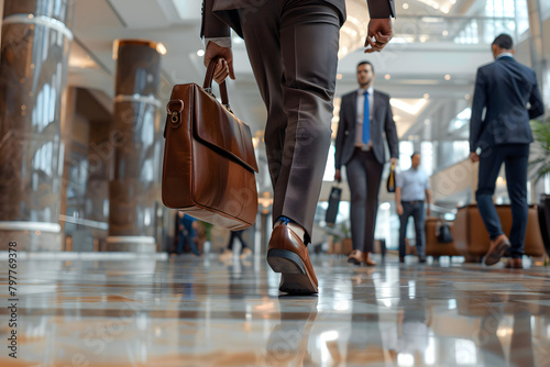 Detailed view of a group of business people walking through a corporate lobby, with focus on a briefcase being carried
