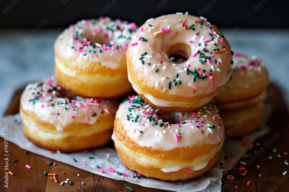 Donuts with icing and sprinkles on a dark background. Toned. Donuts on a Background with Copy Space. 