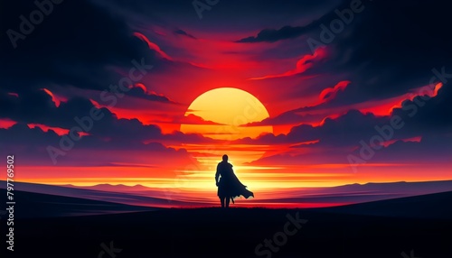 a solitary figure standing on an open plain, with the striking image of a large, red sun setting directly behind them