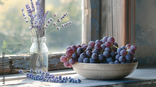 Grapes in a bowl and lavender in a vase on an indented old window. Laid-back lifestyle. photo