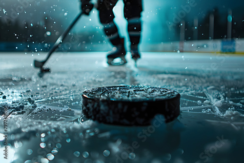 Detailed view of a hockey puck on ice, with a player’s stick approaching, focusing on the anticipation of action photo