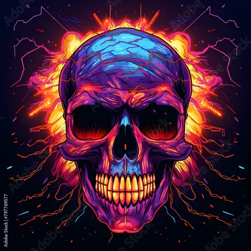 depicting a skull on a blue background with fireworks lights, in the style of light orange and dark magenta, retro-futuristic, energy-filled illustrations, harsh angles, lightningwave, melting, necron
