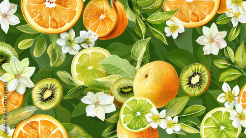 fresh citrus fruits and flowers seamless pattern for healthy food background photo