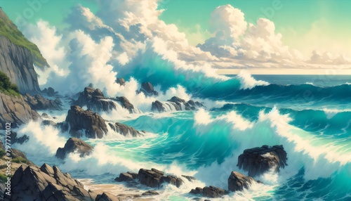 a vibrant coastal scene where colossal waves crash against steep cliffs. White sea spray soars into the air, suggesting the ocean's raw power and the dramatic interaction between sea and land