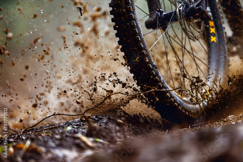 Macro shot of a mountain bike tire gripping rough terrain, mud splashing, illustrating the thrill of off-road cycling  © mediahain.de