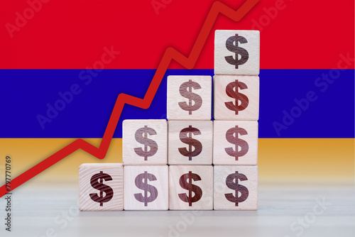 Armenia economic collapse, increasing values with cubes, financial decline, crisis and downgrade concept