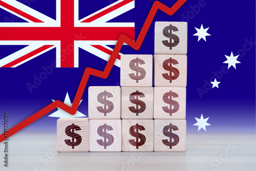 Australia economic collapse, increasing values with cubes, financial decline, crisis and downgrade concept