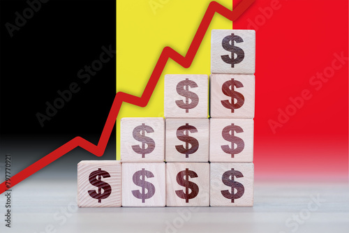 Belgium economic collapse, increasing values with cubes, financial decline, crisis and downgrade concept