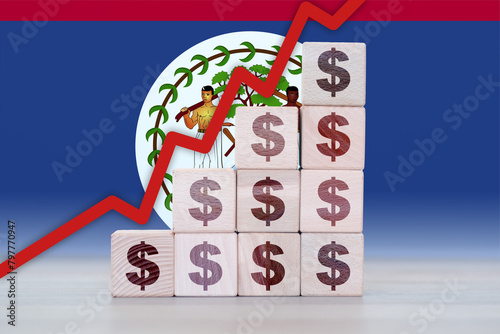 Belize economic collapse, increasing values with cubes, financial decline, crisis and downgrade concept