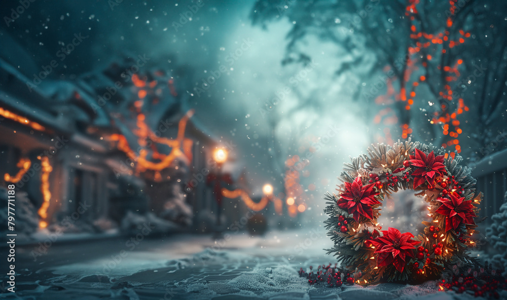 Fototapeta premium An intricately designed wreath illuminated by soft fairy lights, featuring glossy red decorations and a dusting of snow-like frost on the foliage