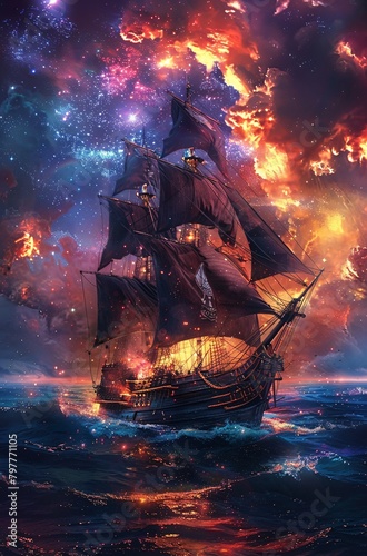 a ship in the water with flames and stars