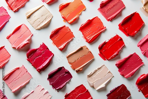 A group of lipstick swatches arranged on a white surface with multiple shades of lipstick on them