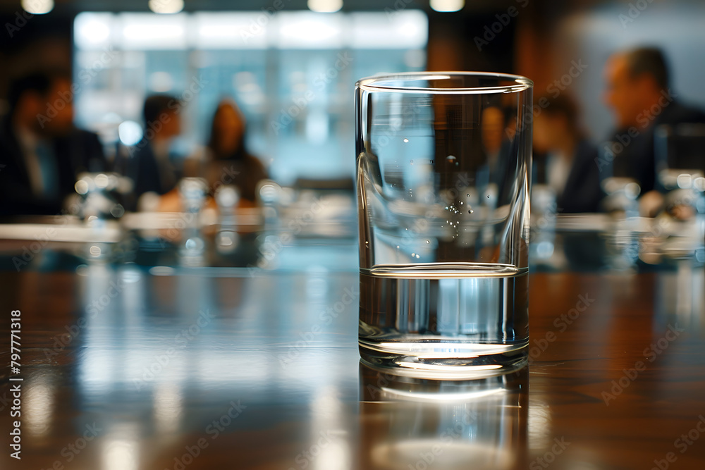 Close-up of a glass of water on a conference table during a high-stakes business meeting, with participants in the background Close-up of a glass of water on a conference table during a high-stakes business meeting, with participants in the background