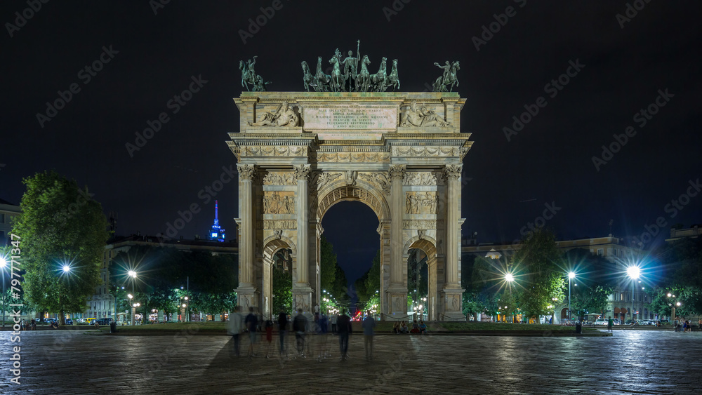 Arch of Peace in Simplon Square timelapse hyperlapse at night. It is a neoclassical triumph arch
