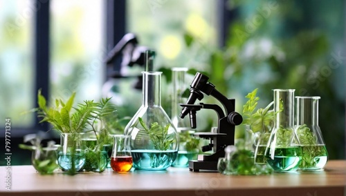 Laboratory glassware with different plants and microscope on table against blurred background. Chemistry research
