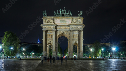 Arch of Peace in Simplon Square timelapse hyperlapse at night. It is a neoclassical triumph arch © neiezhmakov
