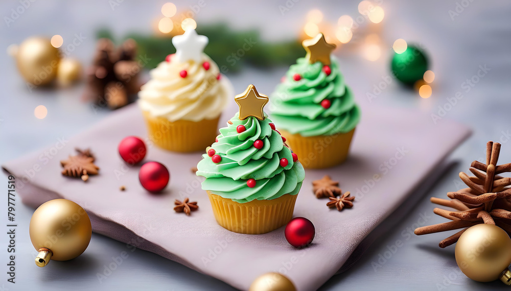 Christmas tree shaped cupcakes on a table with decorations and string lights in the background. Christmas tree shaped cupcakes on a table with decorations and string lights in the background.