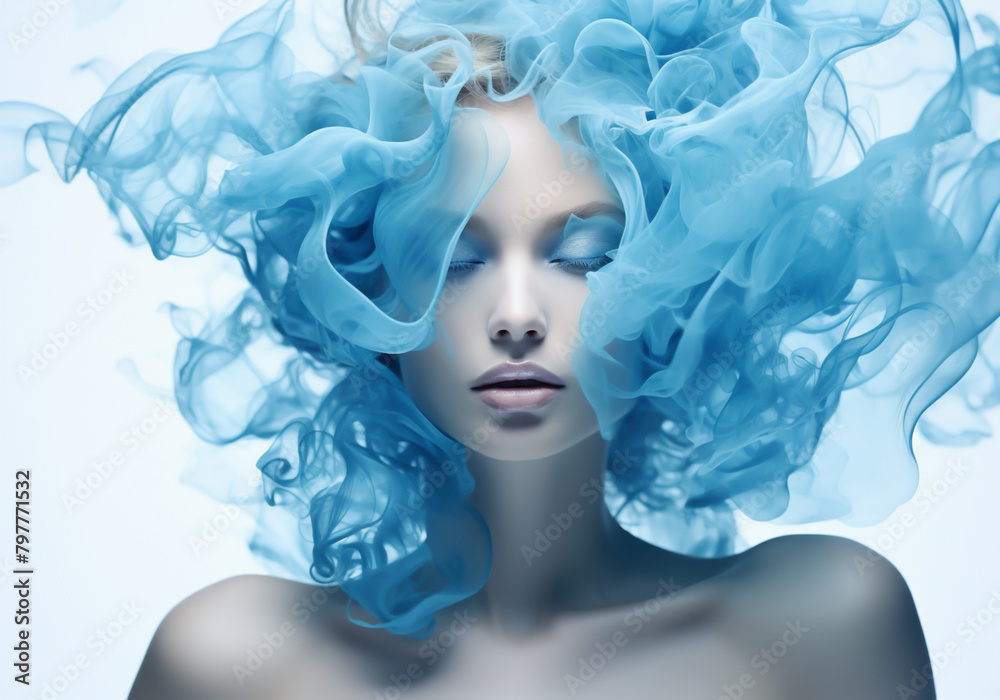 Blue smoke around beautiful woman. Abstract background in a surrealist, elegant and fantasy style with minimalist, fluid and organic shapes