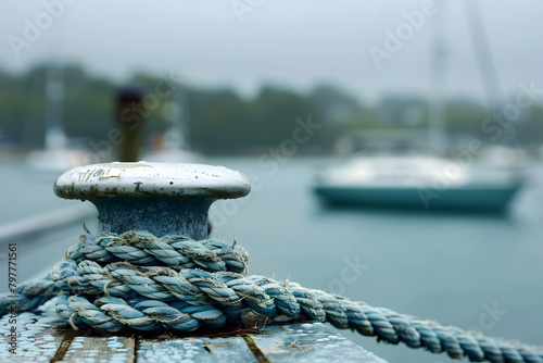 Close-up of a nautical rope tied to a dock cleat, with a blurred sailboat in the background, evoking a sense of sailing adventures