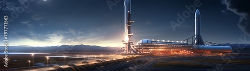 Spaceport launch site, rockets ready, dusk, high angle photo
