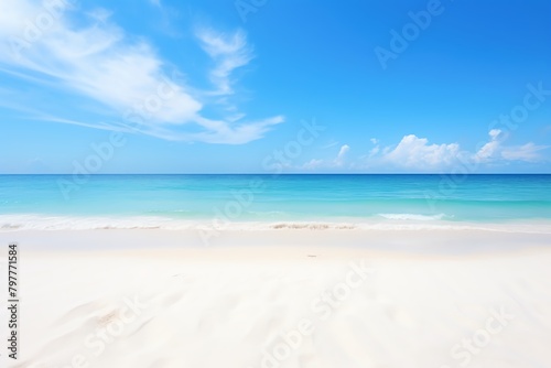White sand beach under clear sky  high sun  panoramic view