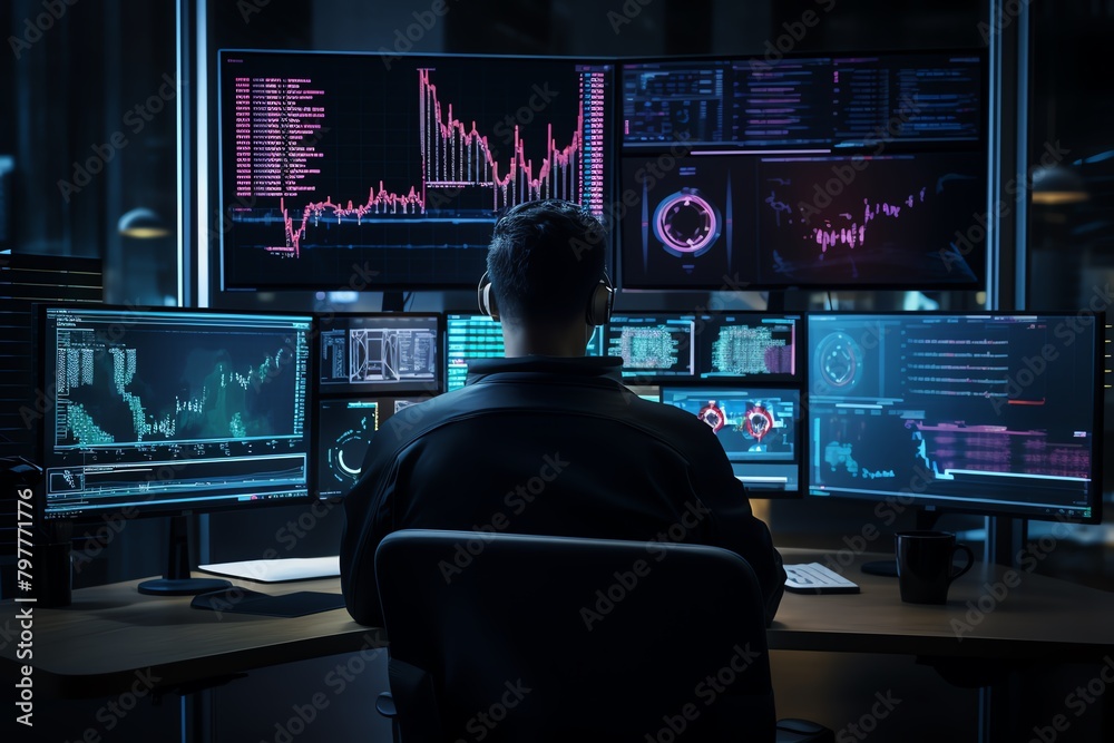 AI trading bot in action on multiple monitors, vibrant screen glows, overtheshoulder shot AI trading bot in action on multiple monitors, vibrant screen glows, overtheshoulder shot