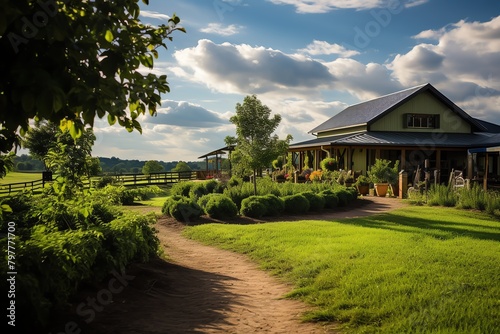 Agritourism farm hosting business retreat, lush settings, afternoon, wide angle