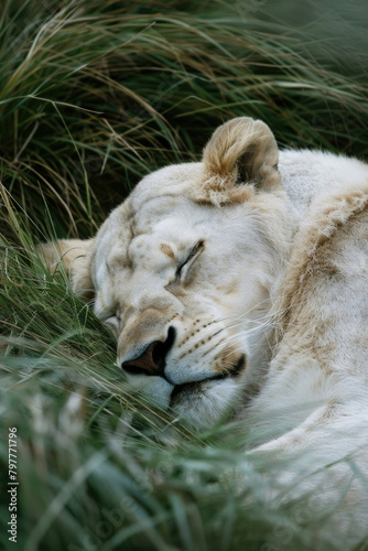 A white lion with closed eyes lying down in the grass