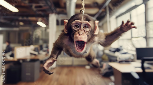 A monkey is hanging from a rope inside an office, showcasing its agility and curiosity in an unexpected environment