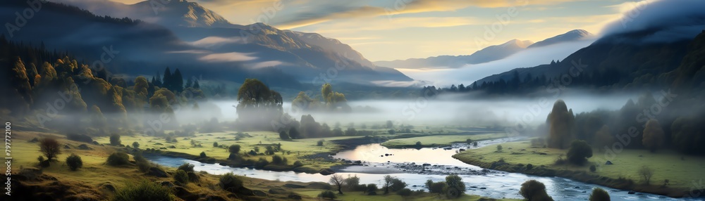 River winding through a peaceful valley, mist rising, early morning, panoramic shot