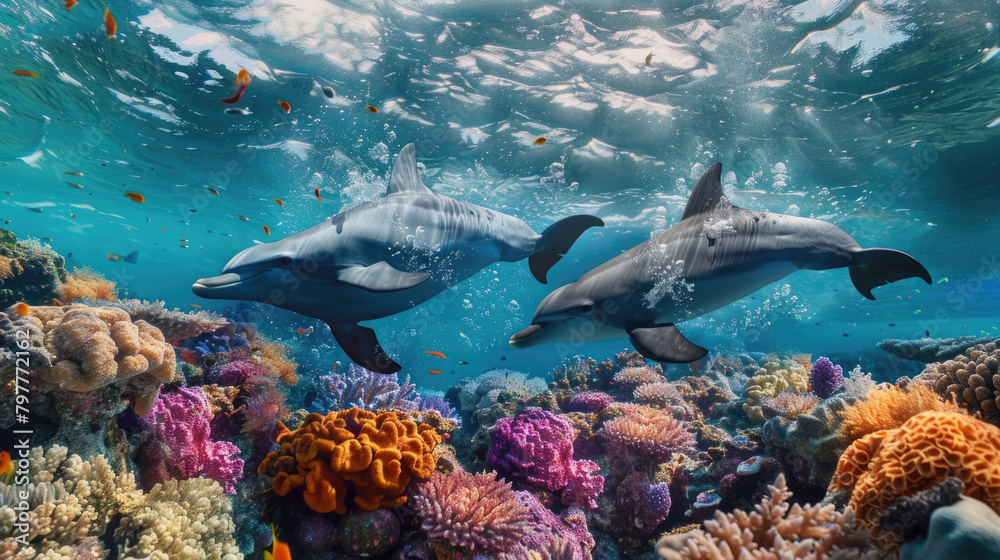Obraz premium Two dolphins gracefully swim above a vibrant coral reef in crystal-clear waters
