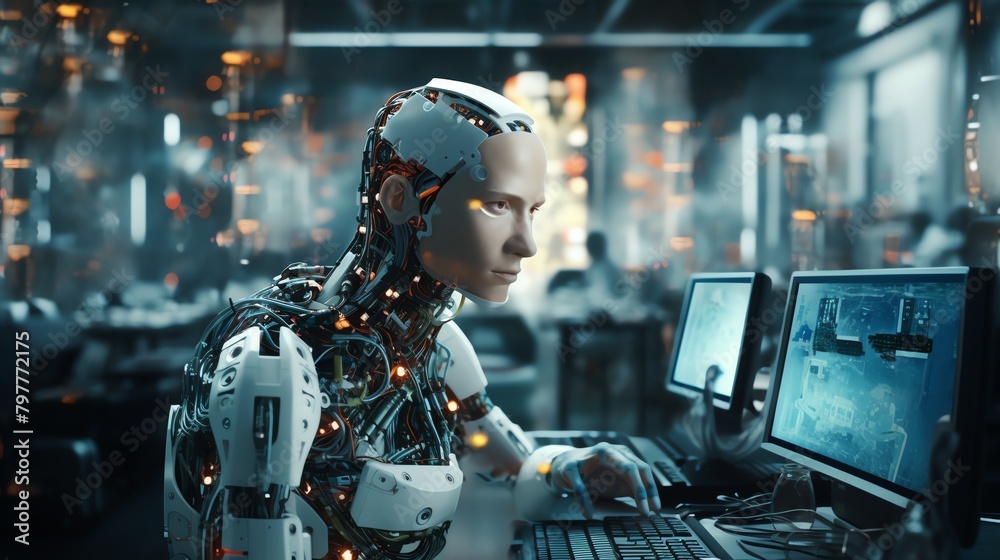 Robotics developer in lab, testing new AI, cluttered, documentary style Robotics developer in lab, testing new AI, cluttered, documentary style