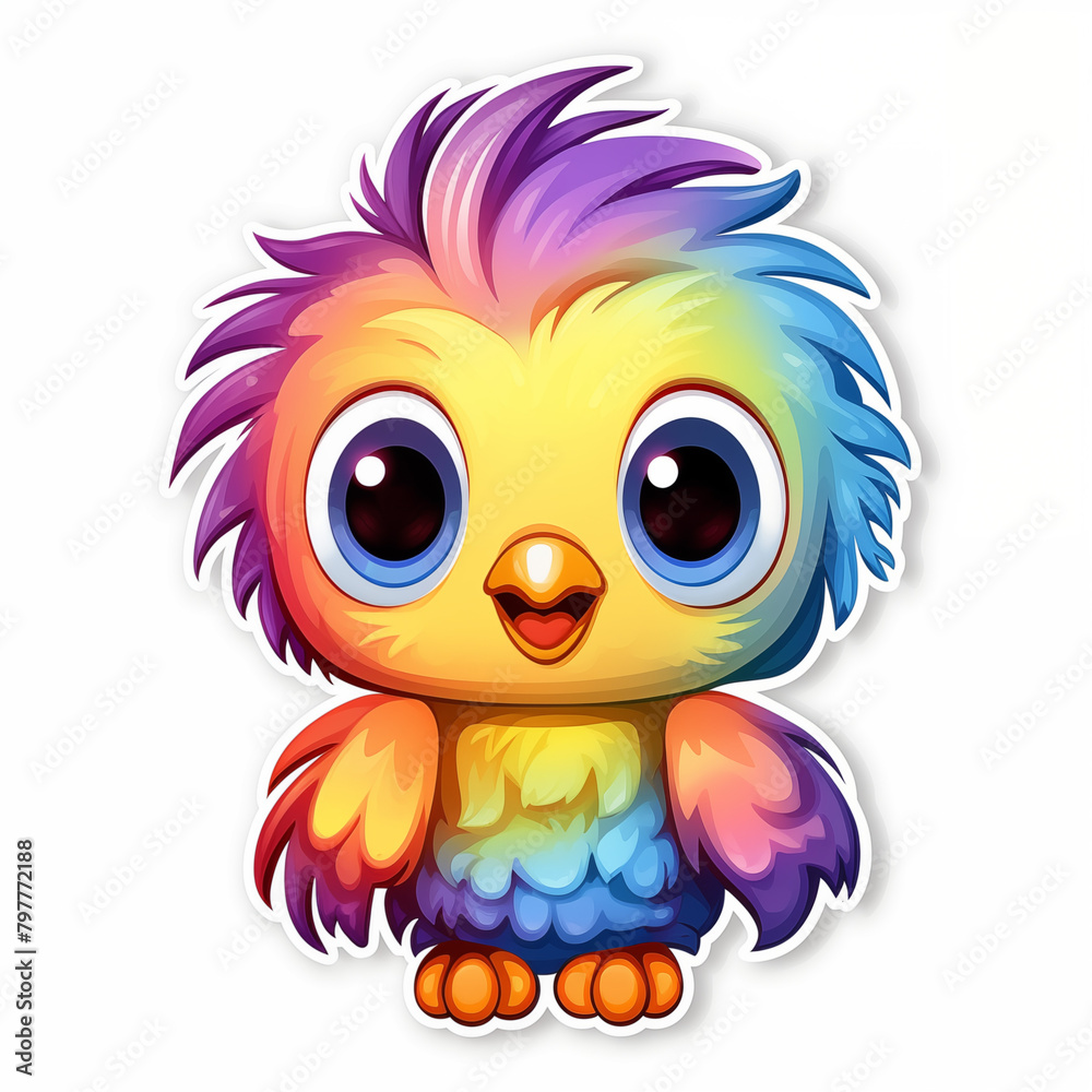 Sticker, Playful Chick with a Rainbow Feathers, kawaii, contour, vector, white background