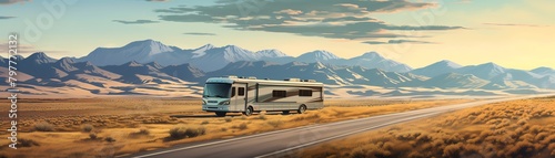 Road trip with family in an RV, scenic mountains in the background, wide view
