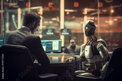 Robot broker negotiating deals in highstakes trading floor, dynamic, midshot photo
