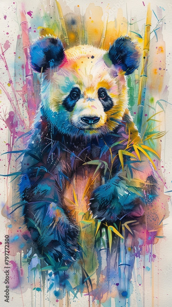 Vibrant and serene watercolor panda bear, hand drawn in a bamboo forest, bright pastel colors, conveying happiness