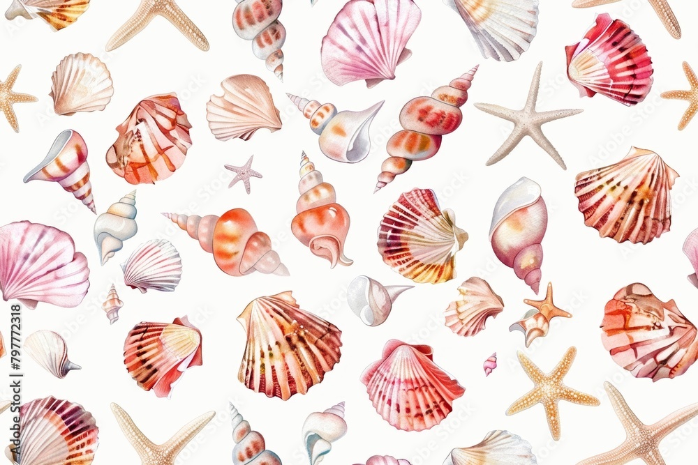 Seamless pattern of watercolor seashells Seamless pattern of watercolor seashells